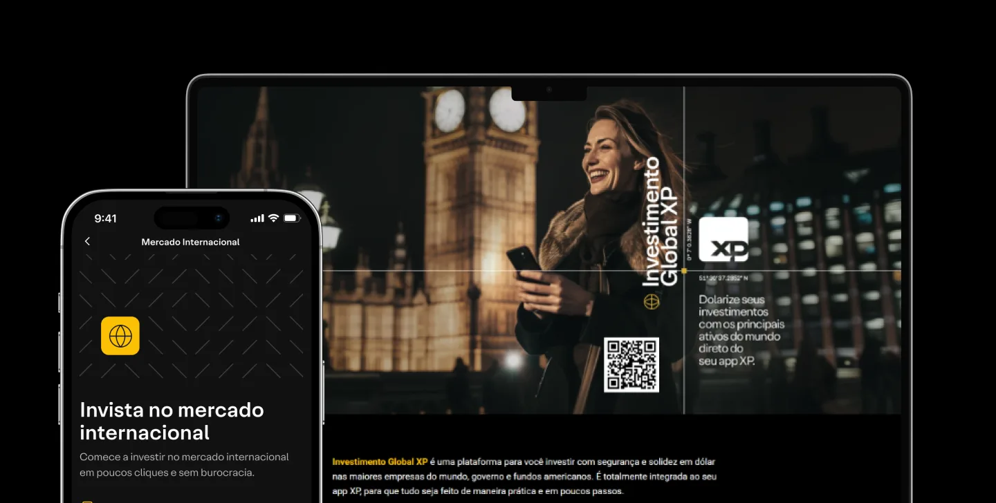 Landing page do Investimento Global XP e tela de entrada do app no celular