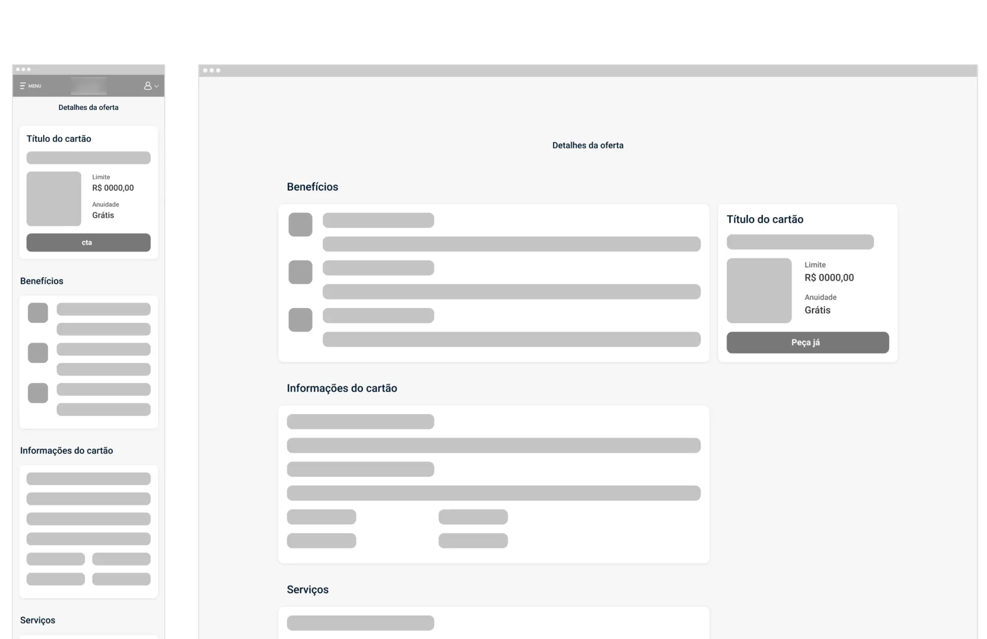 Wireframes mobile e desktop da página de oferta